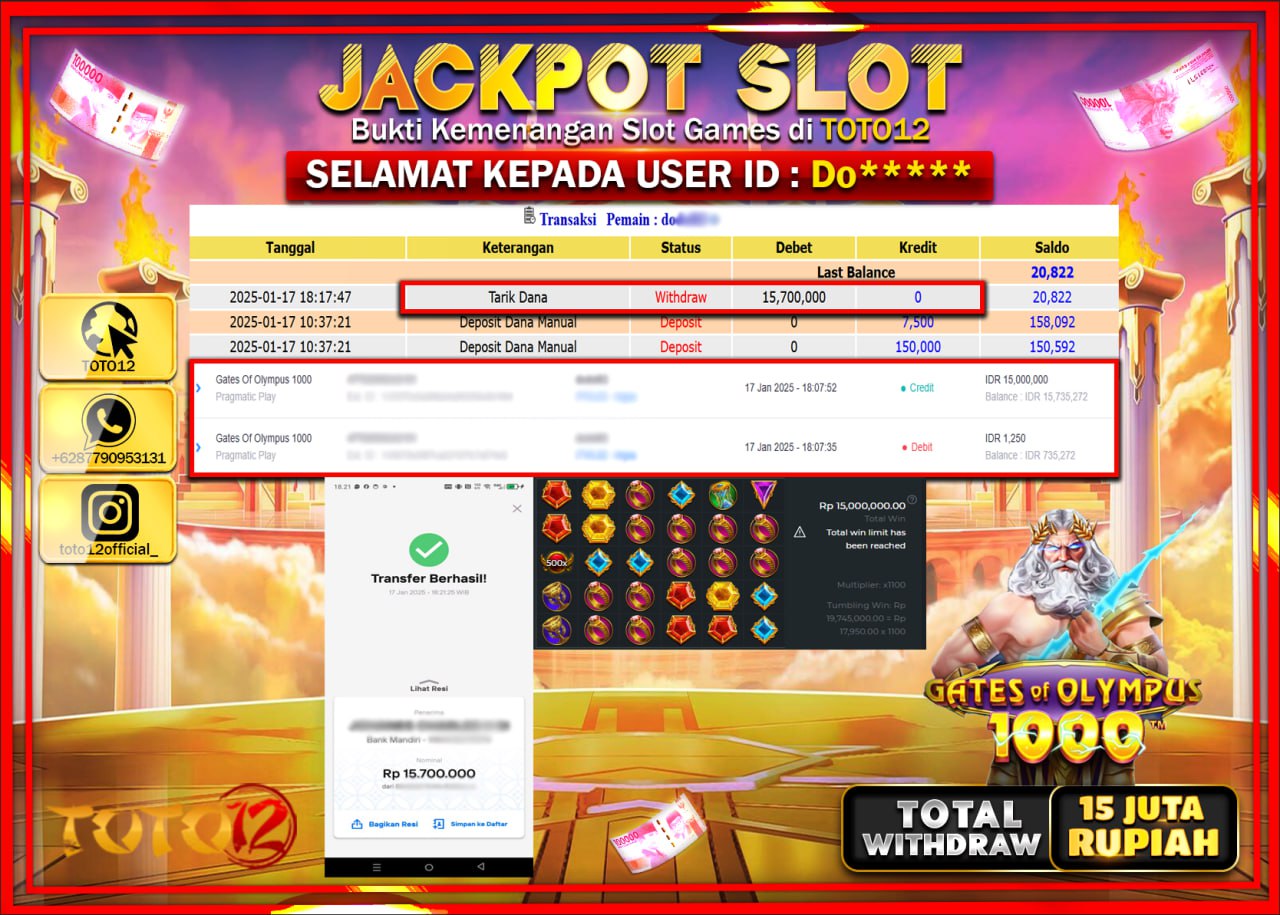 HANYA DI TOTO12 JP PASTI DI BAYAR LUNAS DAN CEPAT!!!!!! JACKPOT SLOT GAME (GATES OF OLYMPUS 1000) Rp.15.000.000 !!!!