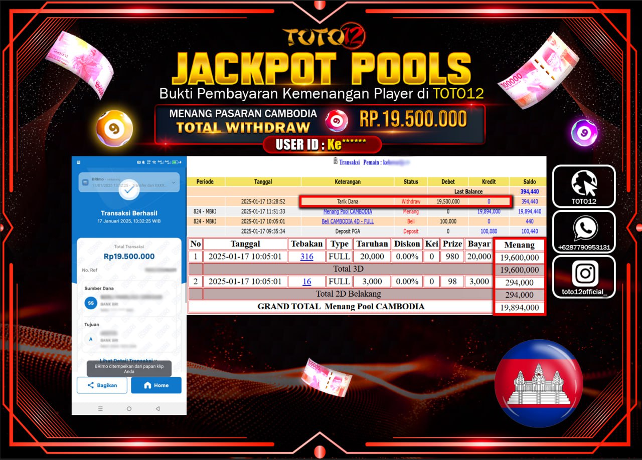 HANYA DI TOTO12 JP PASTI DI BAYAR LUNAS DAN CEPAT!!!!!! JACKPOT POOLS PASARAN (CAMBODIA) Rp.19.500.000 !!!!
