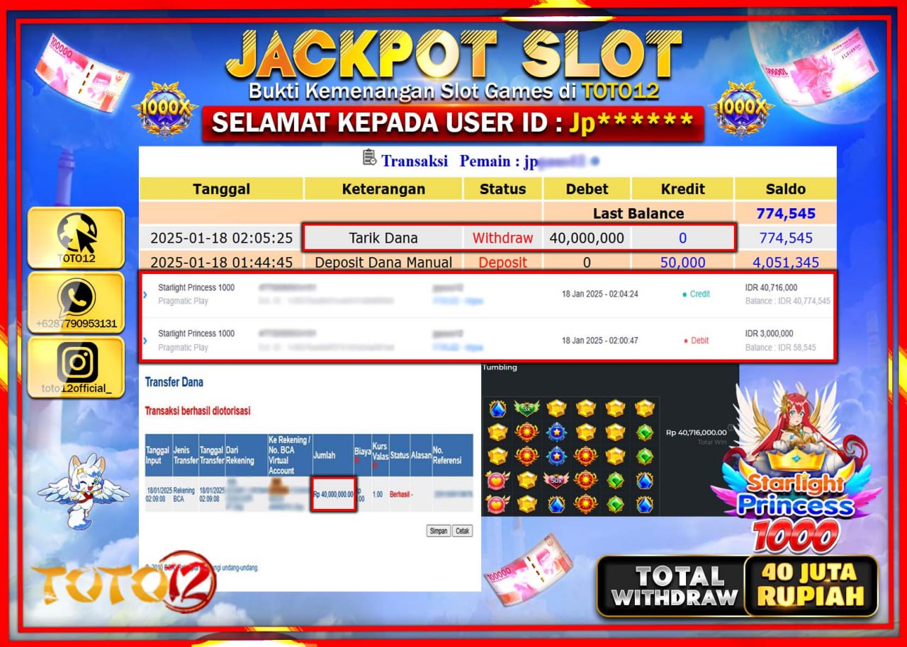 HANYA DI TOTO12 JP PASTI DI BAYAR LUNAS DAN CEPAT!!!!!! JACKPOT SLOT GAME (STARLIGHT PRINCESS 1000) Rp.40.000.000 !!!!