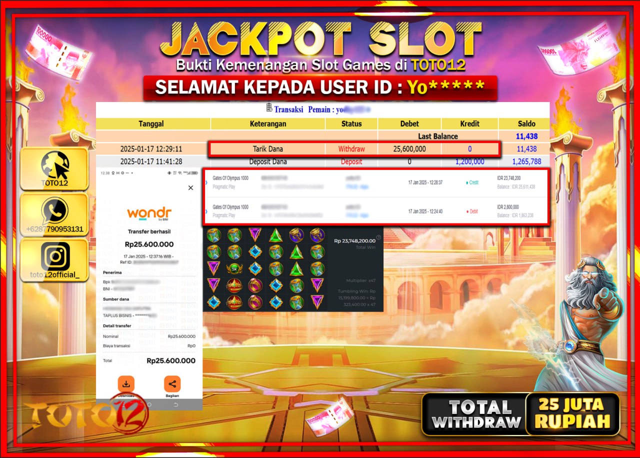 HANYA DI TOTO12 JP PASTI DI BAYAR LUNAS DAN CEPAT!!!!!! JACKPOT SLOT GAME (GATES OF OLYMPUS 1000) Rp.25.000.000 !!!!