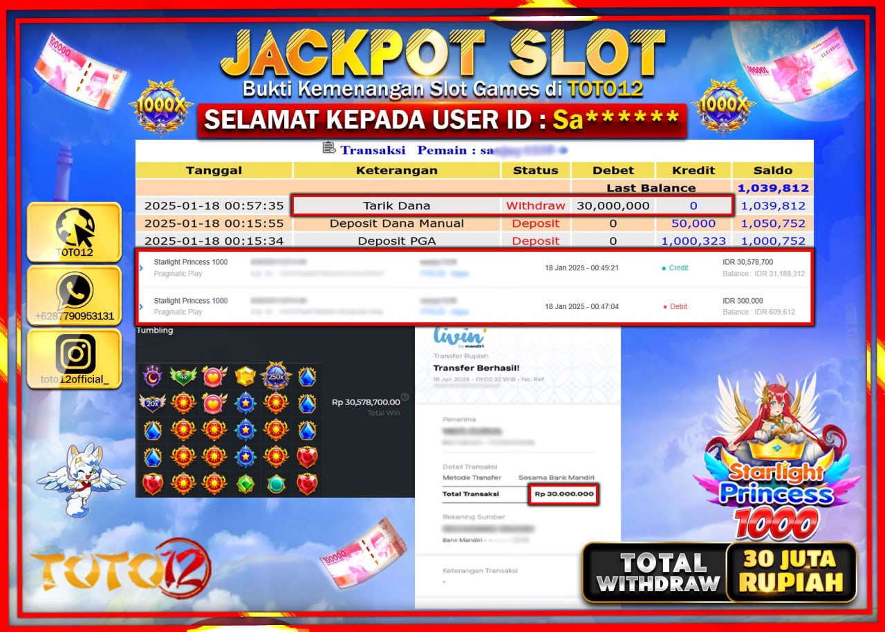 HANYA DI TOTO12 JP PASTI DI BAYAR LUNAS DAN CEPAT!!!!!! JACKPOT SLOT GAME (STARLIGHT PRINCESS 1000) Rp.30.000.000 !!!!