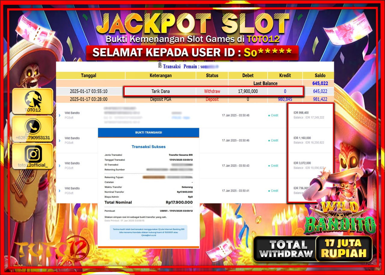HANYA DI TOTO12 JP PASTI DI BAYAR LUNAS DAN CEPAT!!!!!! JACKPOT SLOT GAME (WILD BANDITO) Rp.17.000.000 !!!!