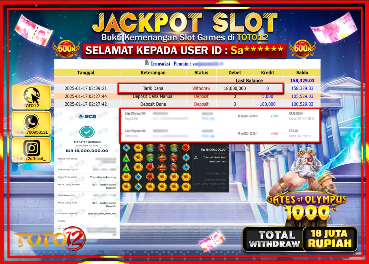 HANYA DI TOTO12 JP PASTI DI BAYAR LUNAS DAN CEPAT!!!!!! JACKPOT SLOT GAME (GATES OF OLYMPUS 1000) Rp.18.000.000 !!!!