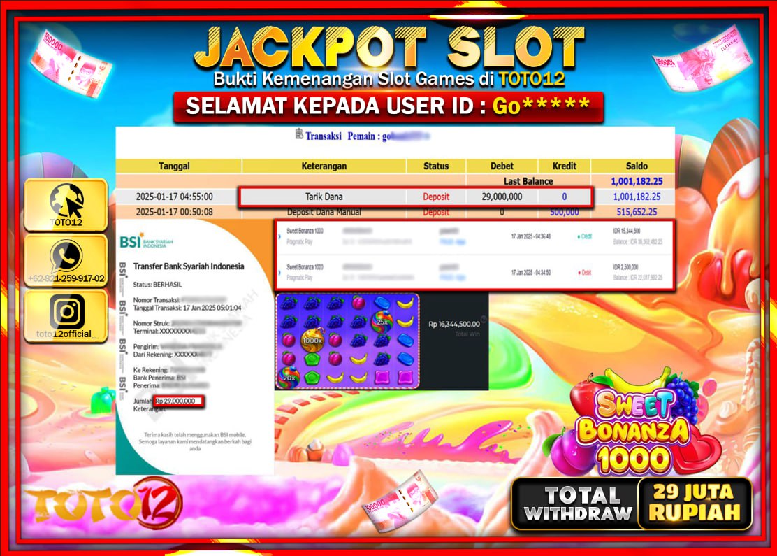 HANYA DI TOTO12 JP PASTI DI BAYAR LUNAS DAN CEPAT!!!!!! JACKPOT SLOT GAME (SWEET BONANZA 1000) Rp.29.000.000 !!!!