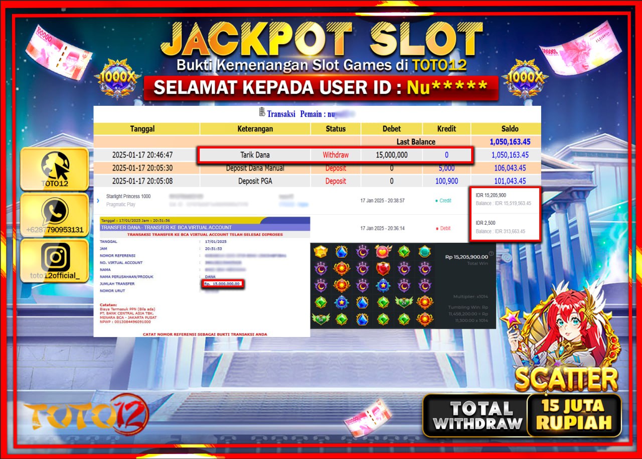 HANYA DI TOTO12 JP PASTI DI BAYAR LUNAS DAN CEPAT!!!!!! JACKPOT SLOT GAME (STARLIGHT PRINCESS 1000) Rp.15.000.000 !!!!