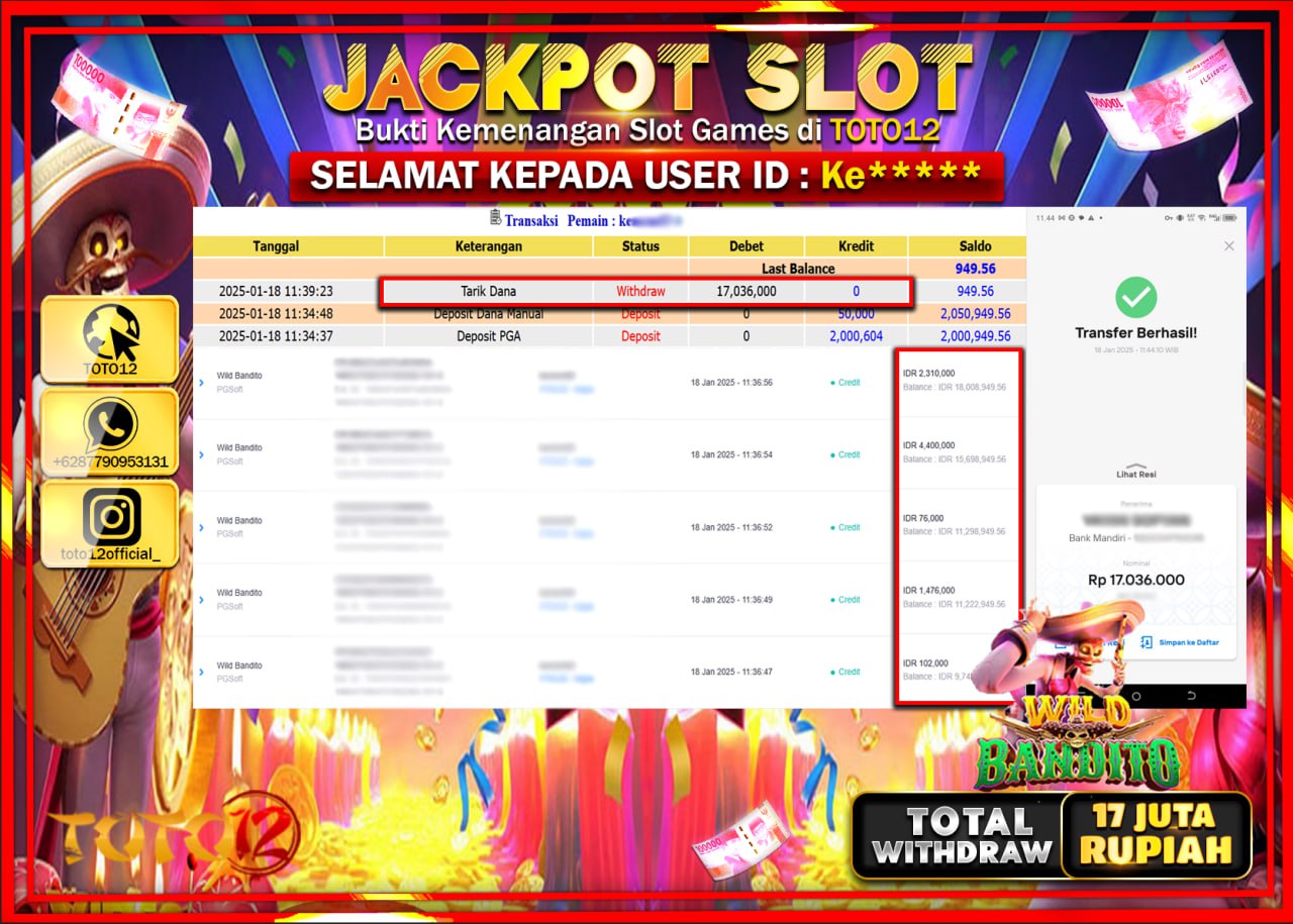 HANYA DI TOTO12 JP PASTI DI BAYAR LUNAS DAN CEPAT!!!!!! JACKPOT SLOT GAME (WILD BANDITO) Rp.17.000.000 !!!!