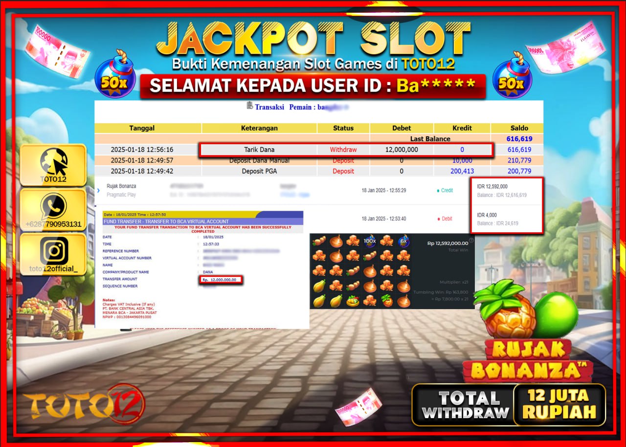 HANYA DI TOTO12 JP PASTI DI BAYAR LUNAS DAN CEPAT!!!!!! JACKPOT SLOT GAME (RUJAK BONANZA) Rp.12.000.000 !!!!