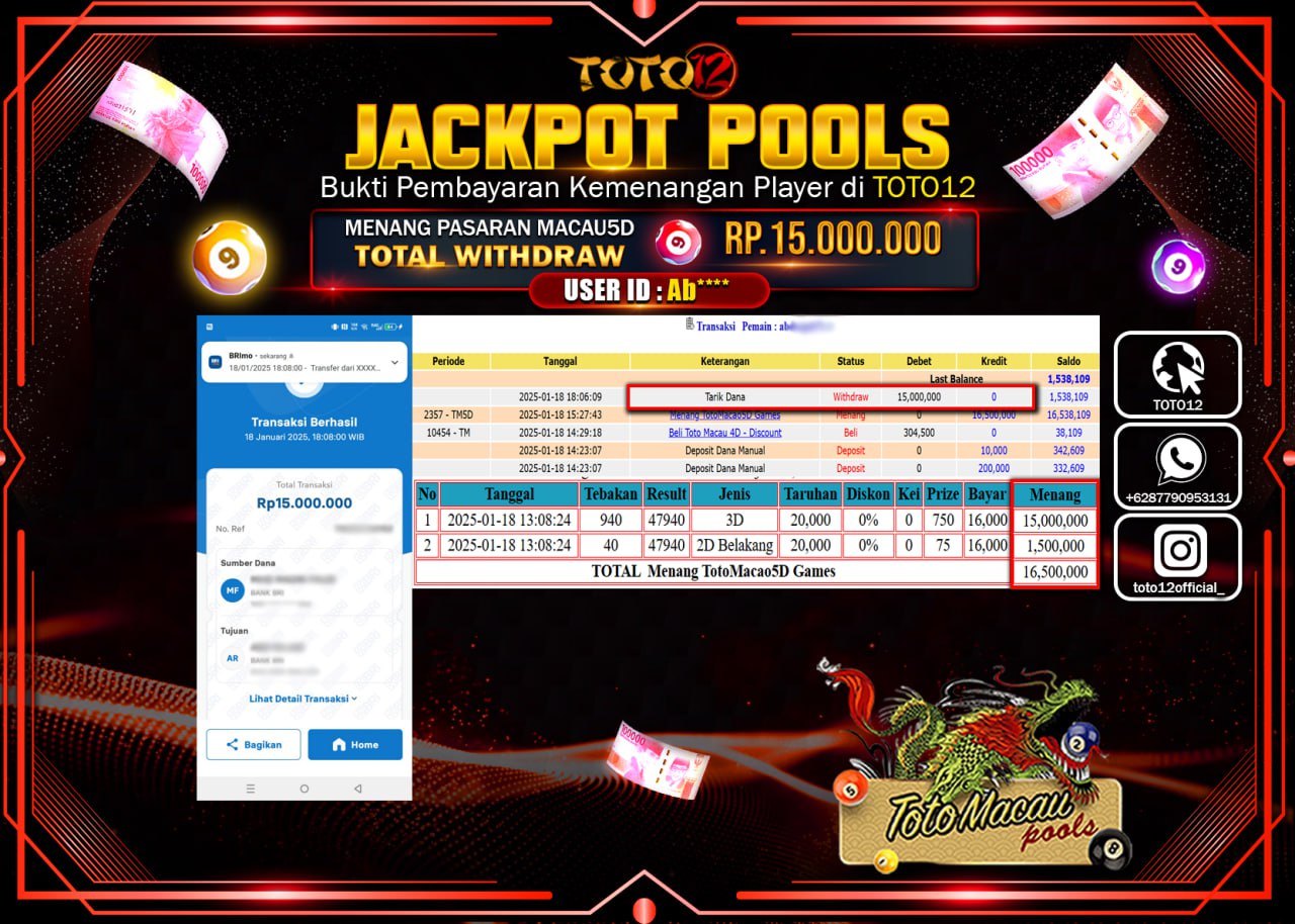 HANYA DI TOTO12 JP PASTI DI BAYAR LUNAS DAN CEPAT!!!!!! JACKPOT POOLS PASARAN (TOTO MACAU) Rp.15.000.000 !!!!