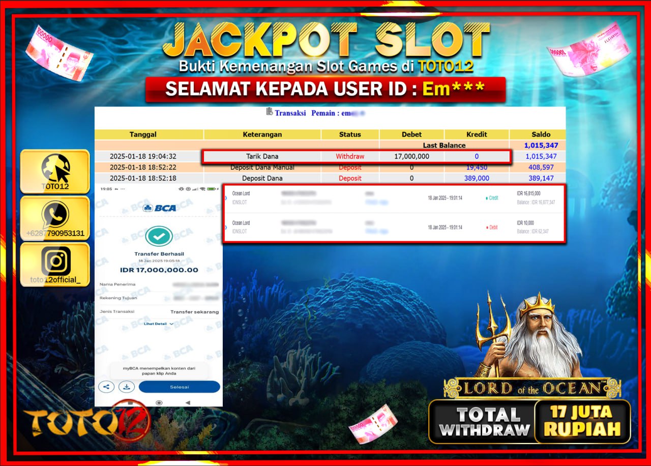 HANYA DI TOTO12 JP PASTI DI BAYAR LUNAS DAN CEPAT!!!!!! JACKPOT SLOT GAME (OCEAN LORD) Rp.17.000.000 !!!!