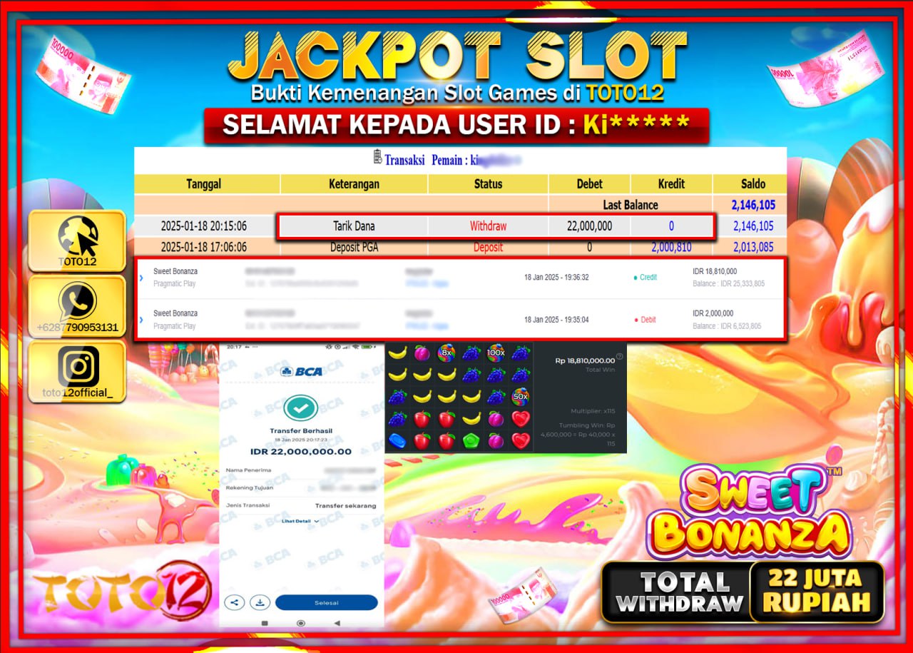 HANYA DI TOTO12 JP PASTI DI BAYAR LUNAS DAN CEPAT!!!!!! JACKPOT SLOT GAME (SWEET BONANZA) Rp.22.000.000 !!!!