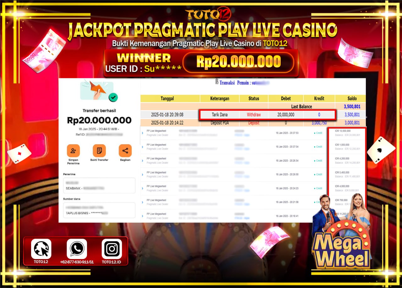HANYA DI TOTO12 JP PASTI DI BAYAR LUNAS DAN CEPAT!!!!!! JACKPOT PRAGMATIC PLAY LIVE CASINO (MEGA WHEEL) Rp.20.000.000 !!!!