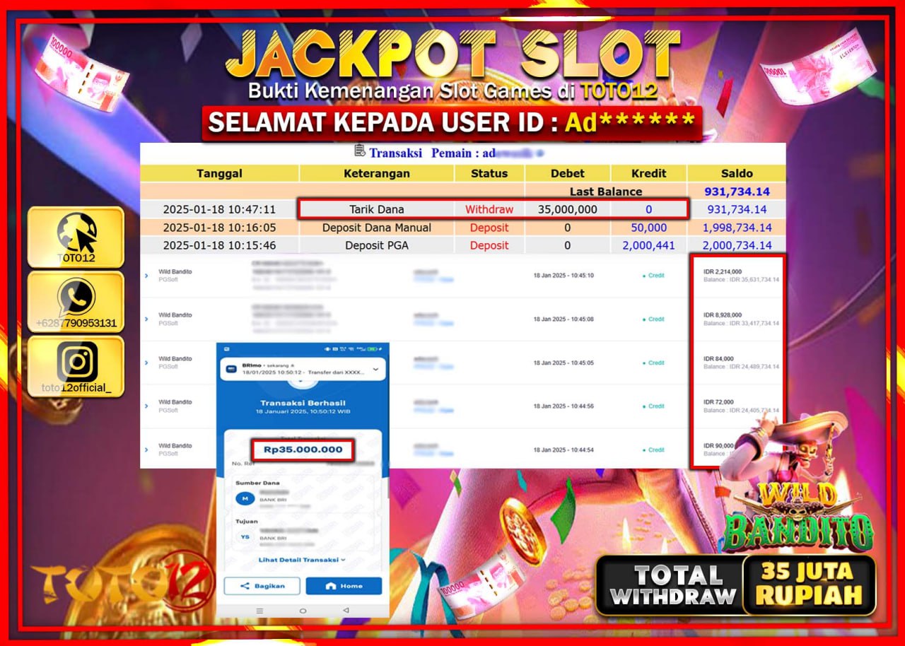 HANYA DI TOTO12 JP PASTI DI BAYAR LUNAS DAN CEPAT!!!!!! JACKPOT SLOT GAME (WILD BANDITO) Rp.35.000.000 !!!!
