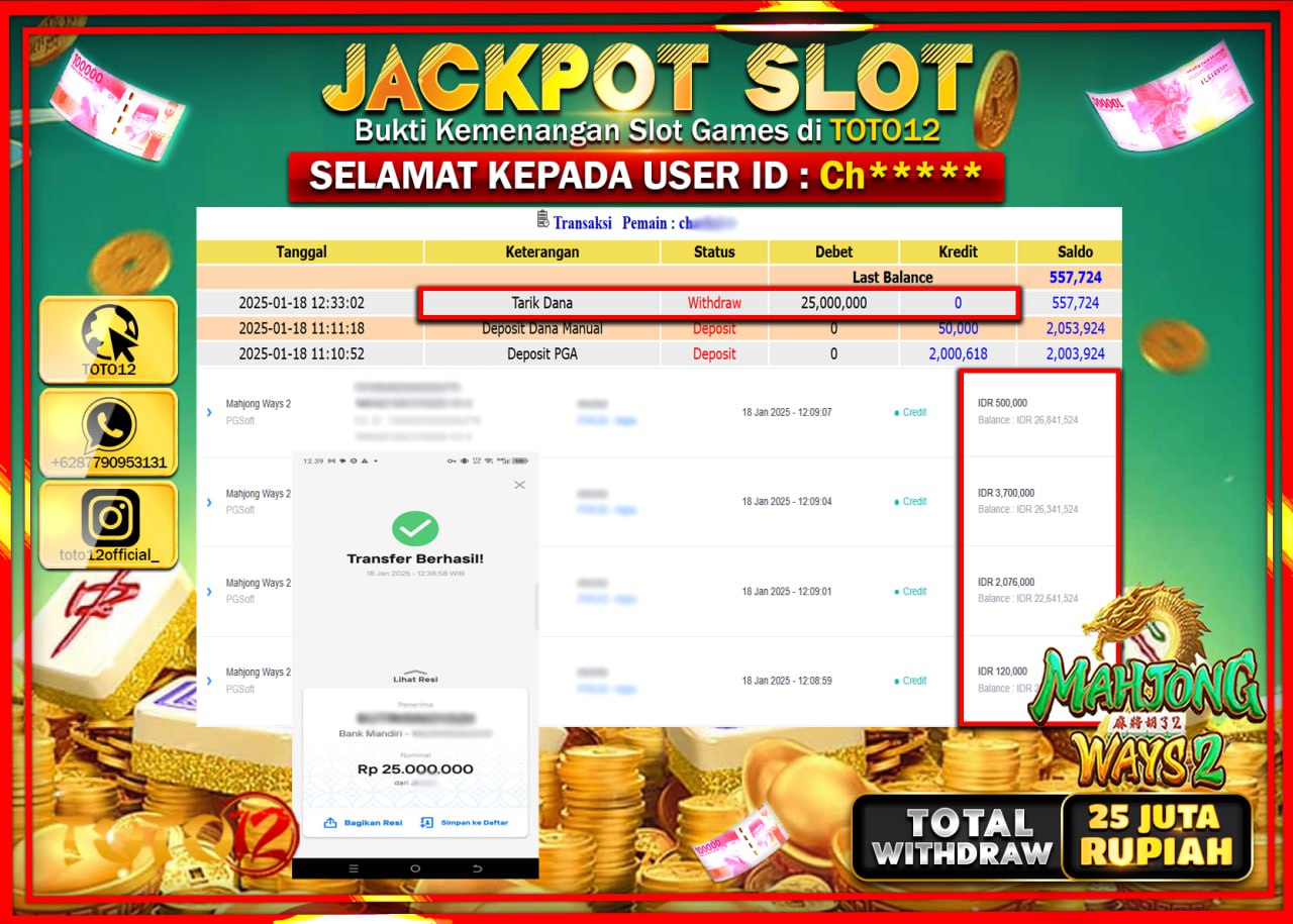 HANYA DI TOTO12 JP PASTI DI BAYAR LUNAS DAN CEPAT!!!!!! JACKPOT SLOT GAME (MAHJONG WAYS 2) Rp.25.000.000 !!!!