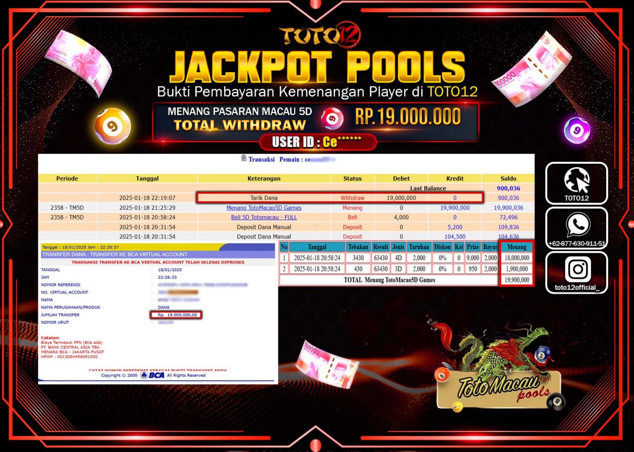 HANYA DI TOTO12 JP PASTI DI BAYAR LUNAS DAN CEPAT!!!!!! JACKPOT POOLS PASARAN (TOTO MACAU) Rp.19.000.000 !!!!