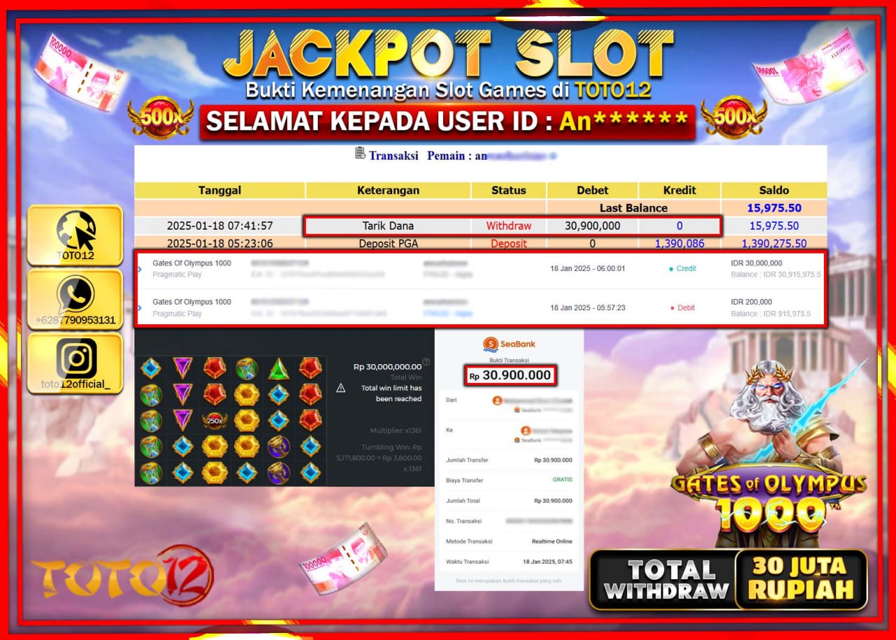 HANYA DI TOTO12 JP PASTI DI BAYAR LUNAS DAN CEPAT!!!!!! JACKPOT SLOT GAME (GATES OF OLYMPUS 1000) Rp.30.000.000 !!!!
