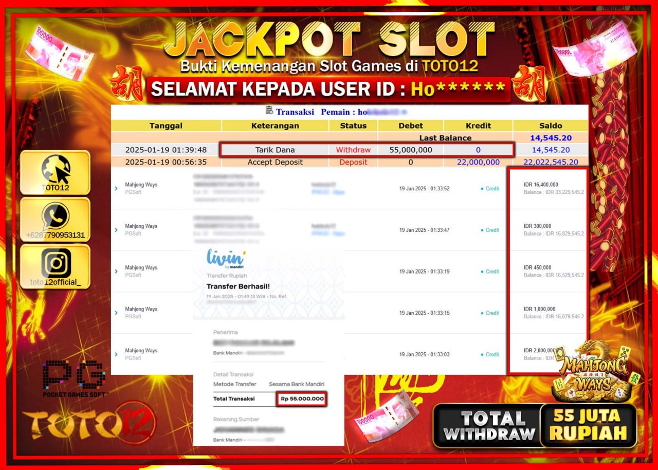 HANYA DI TOTO12 JP PASTI DI BAYAR LUNAS DAN CEPAT!!!!!! JACKPOT SLOT GAME (MAHJONG WAYS) Rp.55.000.000 !!!!