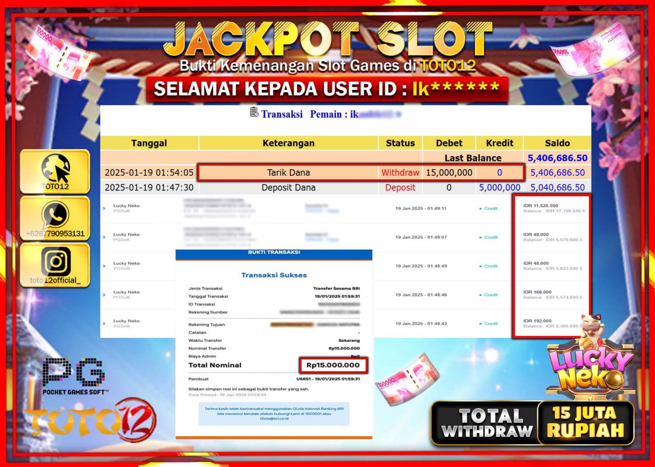 HANYA DI TOTO12 JP PASTI DI BAYAR LUNAS DAN CEPAT!!!!!! JACKPOT SLOT GAME (LUCKY NEKO) Rp.15.000.000 !!!!