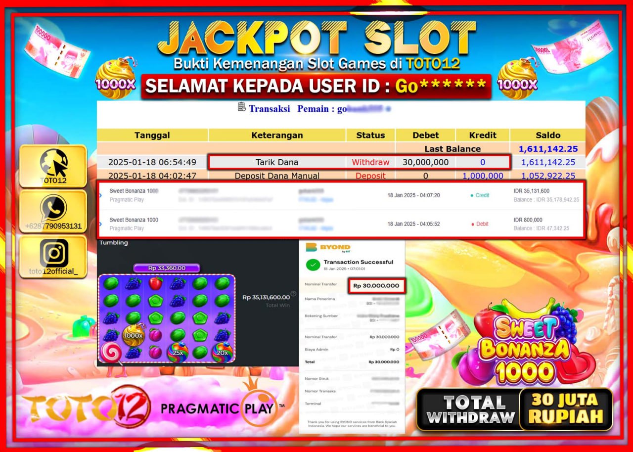 HANYA DI TOTO12 JP PASTI DI BAYAR LUNAS DAN CEPAT!!!!!! JACKPOT SLOT GAME (SWEET BONANZA 1000) Rp.30.000.000 !!!!