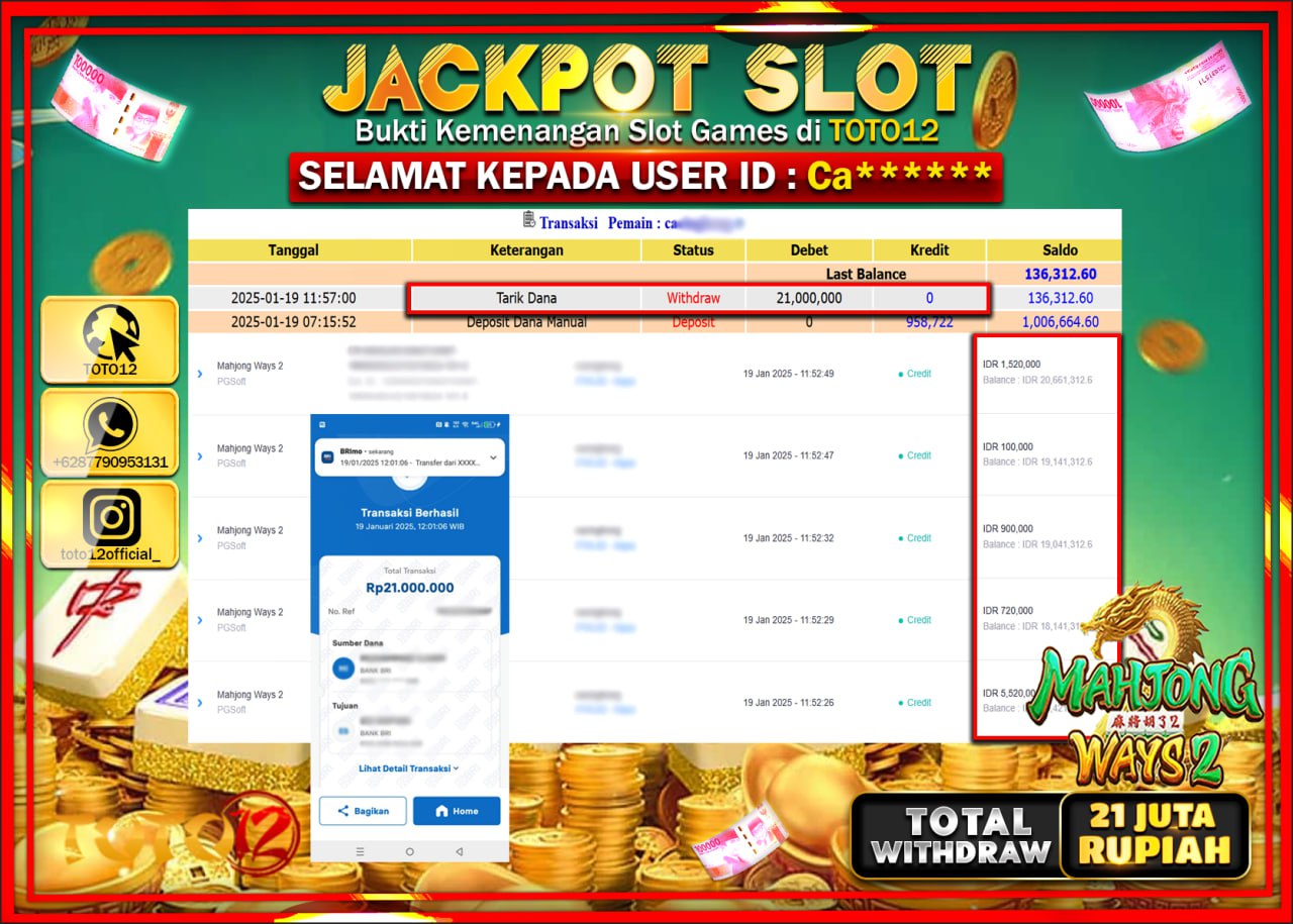 HANYA DI TOTO12 JP PASTI DI BAYAR LUNAS DAN CEPAT!!!!!! JACKPOT SLOT GAME (MAHJONG WAYS 2) Rp.21.000.000 !!!!