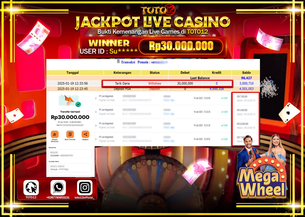 HANYA DI TOTO12 JP PASTI DI BAYAR LUNAS DAN CEPAT!!!!!! JACKPOT LIVE GAMES CASINO (MEGA WHEEL) Rp.30.000.000 !!!!