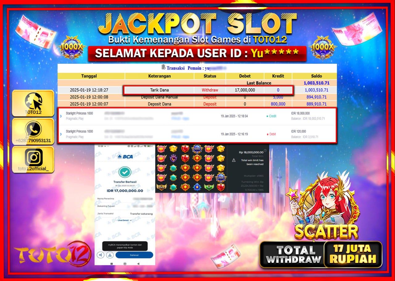HANYA DI TOTO12 JP PASTI DI BAYAR LUNAS DAN CEPAT!!!!!! JACKPOT SLOT GAME (STARLIGHT PRINCESS 1000) Rp.17.000.000 !!!!