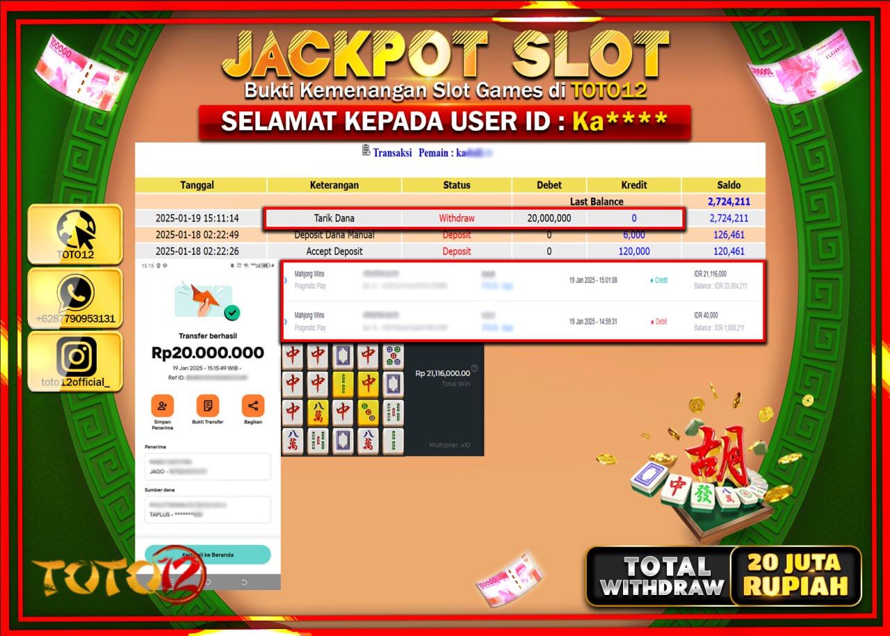 HANYA DI TOTO12 JP PASTI DI BAYAR LUNAS DAN CEPAT!!!!!! JACKPOT SLOT GAME (MAHJONG WINS) Rp.20.000.000 !!!!