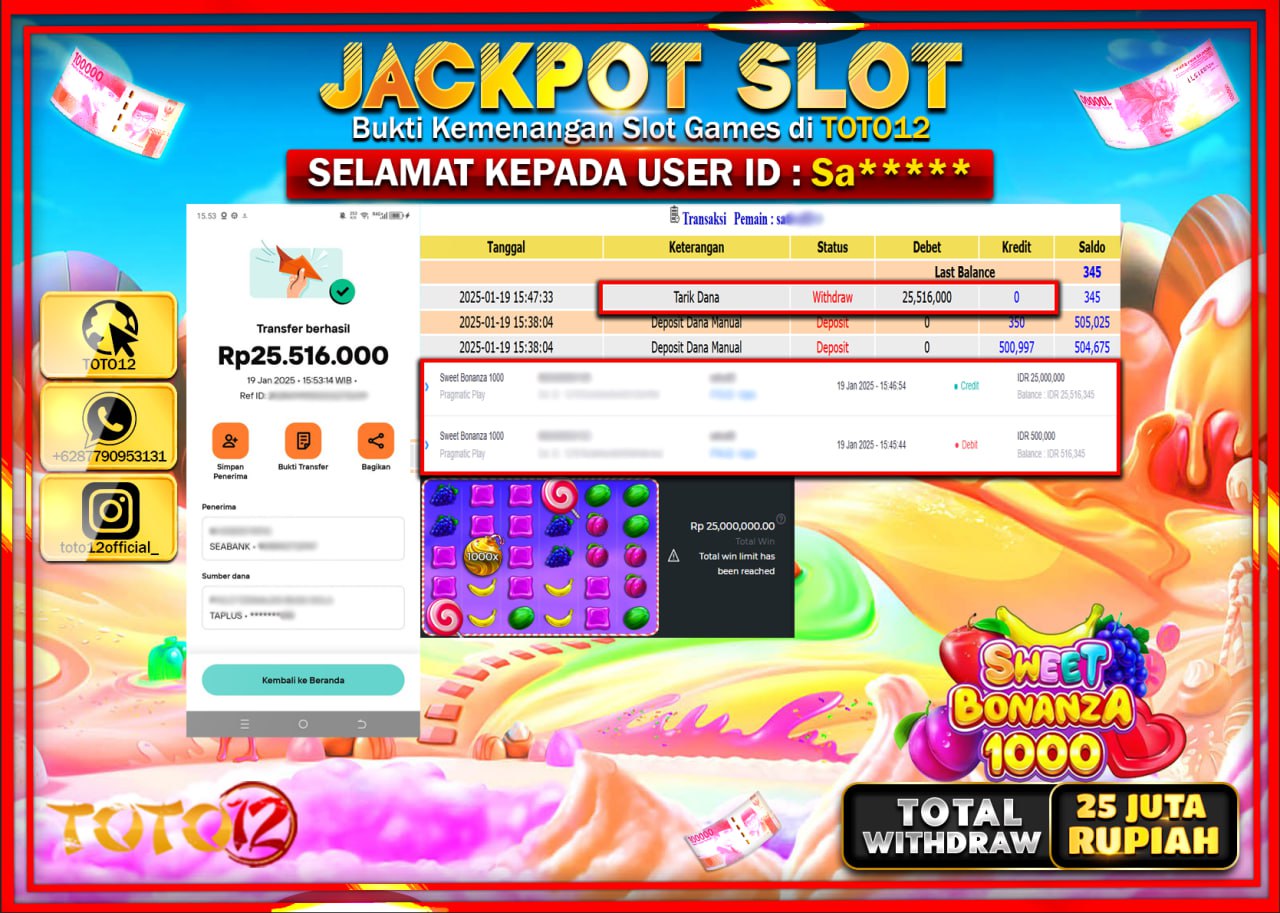 HANYA DI TOTO12 JP PASTI DI BAYAR LUNAS DAN CEPAT!!!!!! JACKPOT SLOT GAME (SWEET BONANZA 1000) Rp.25.000.000 !!!!