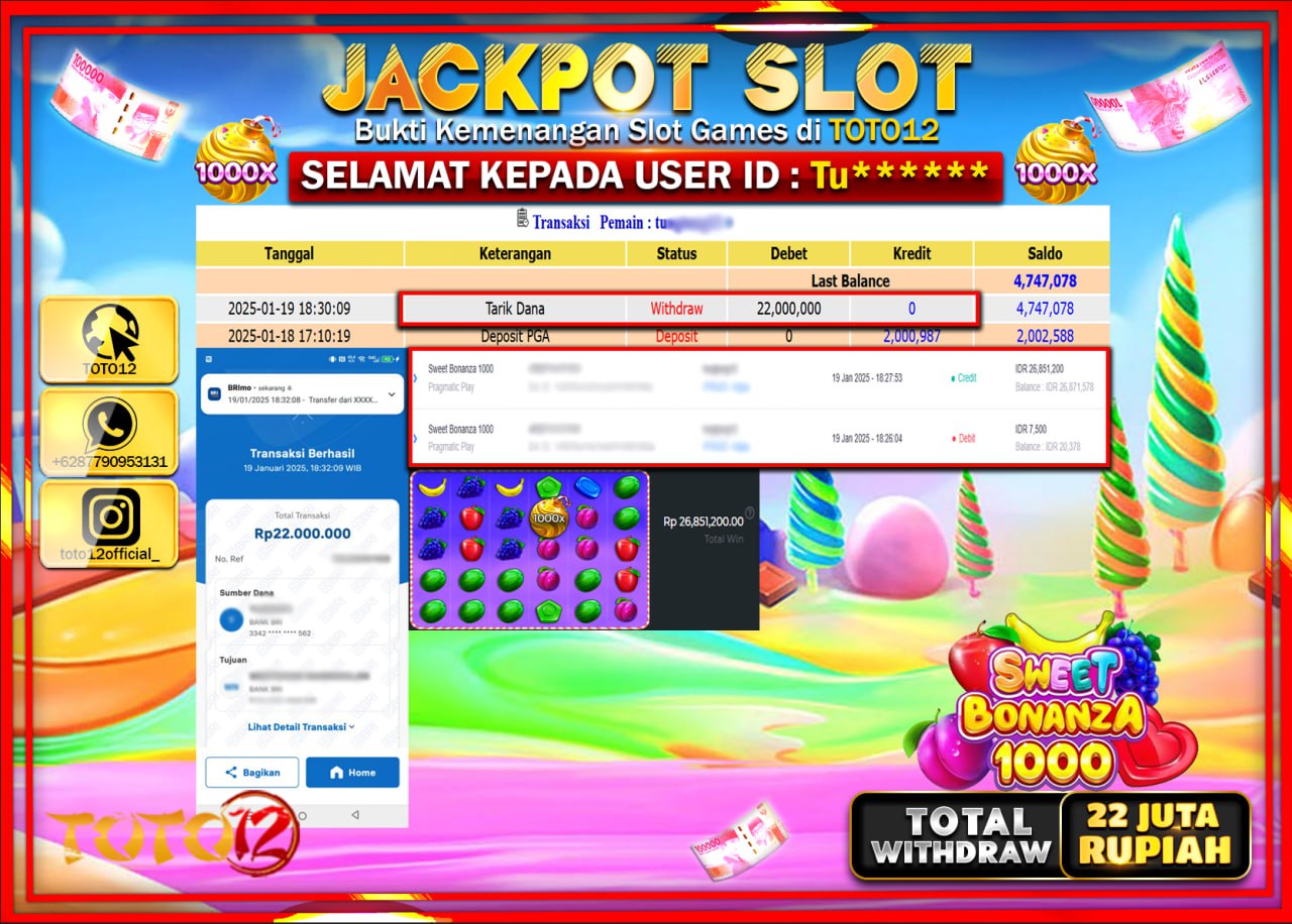 HANYA DI TOTO12 JP PASTI DI BAYAR LUNAS DAN CEPAT!!!!!! JACKPOT SLOT GAME (SWEET BONANZA 1000) Rp.22.000.000 !!!!