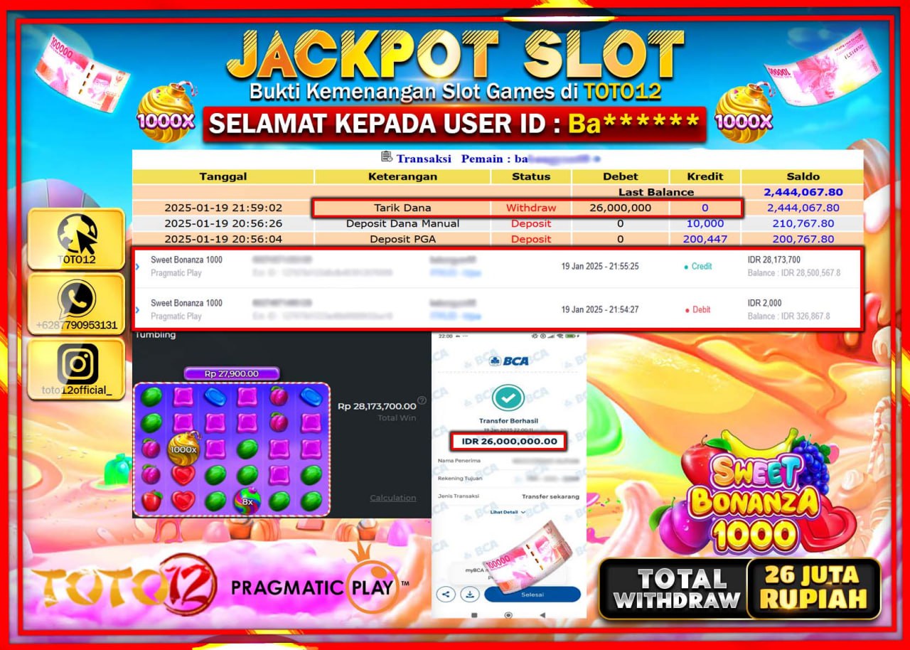 HANYA DI TOTO12 JP PASTI DI BAYAR LUNAS DAN CEPAT!!!!!! JACKPOT SLOT GAME (SWEET BONANZA 1000) Rp.26.000.000 !!!!