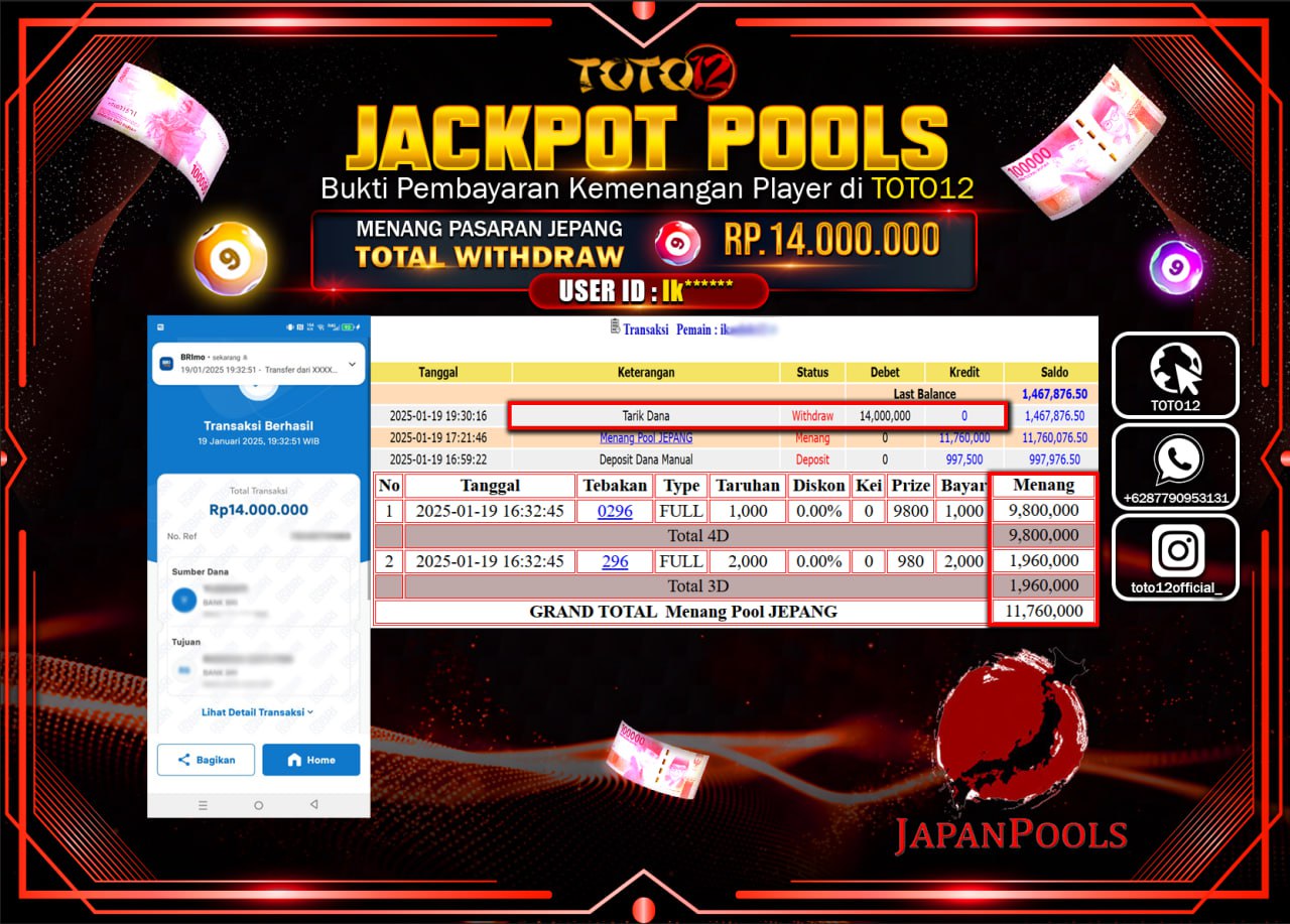 HANYA DI TOTO12 JP PASTI DI BAYAR LUNAS DAN CEPAT!!!!!! JACKPOT POOLS PASARAN (JEPANG) Rp.14.000.000 !!!!