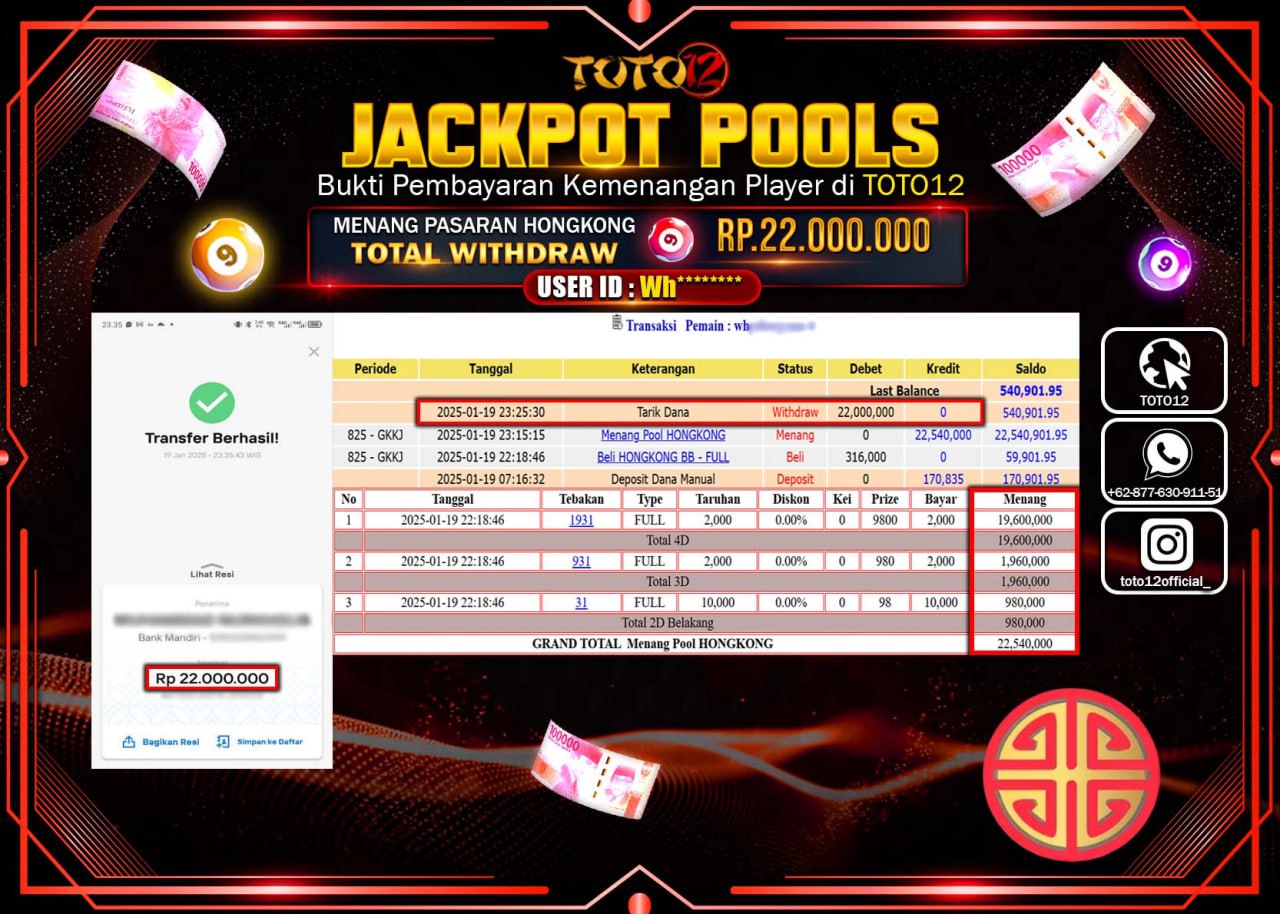 HANYA DI TOTO12 JP PASTI DI BAYAR LUNAS DAN CEPAT!!!!!! JACKPOT POOLS PASARAN (HONGKONG) Rp.22.000.000 !!!!