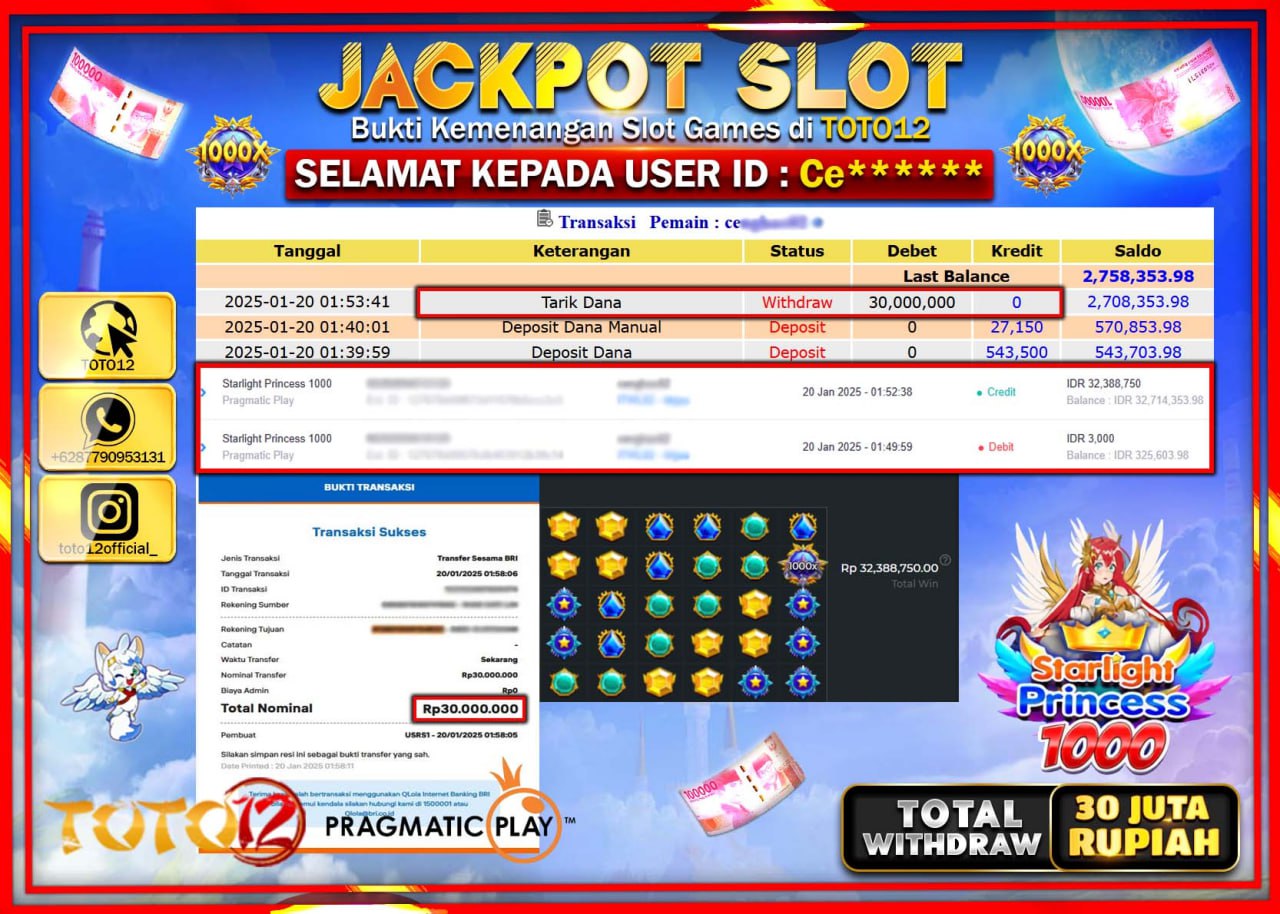 HANYA DI TOTO12 JP PASTI DI BAYAR LUNAS DAN CEPAT!!!!!! JACKPOT SLOT GAME (STARLIGHT PRINCESS 1000) Rp.30.000.000 !!!!