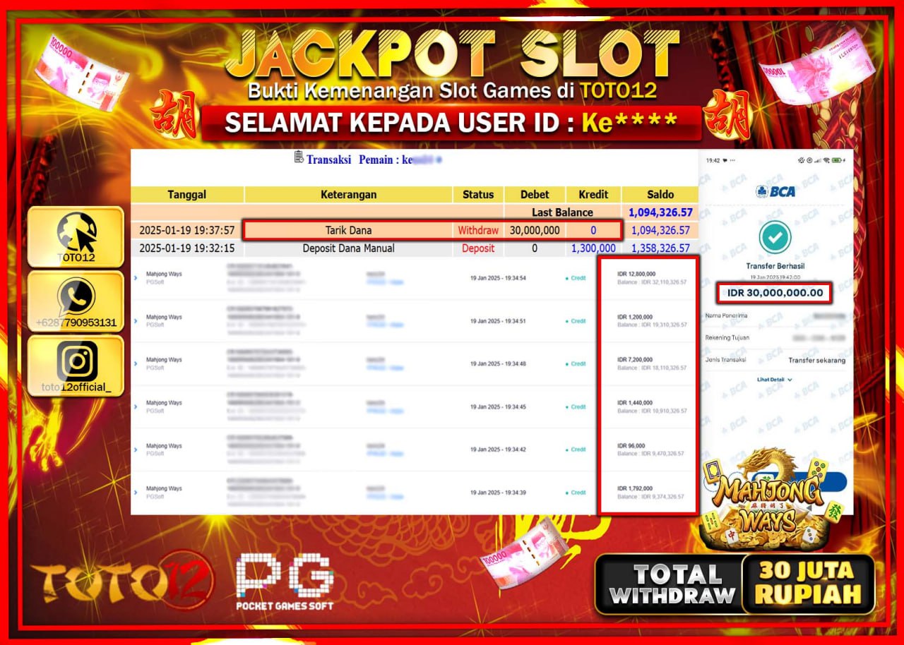 HANYA DI TOTO12 JP PASTI DI BAYAR LUNAS DAN CEPAT!!!!!! JACKPOT SLOT GAME (MAHJONG WAYS) Rp.30.000.000 !!!!