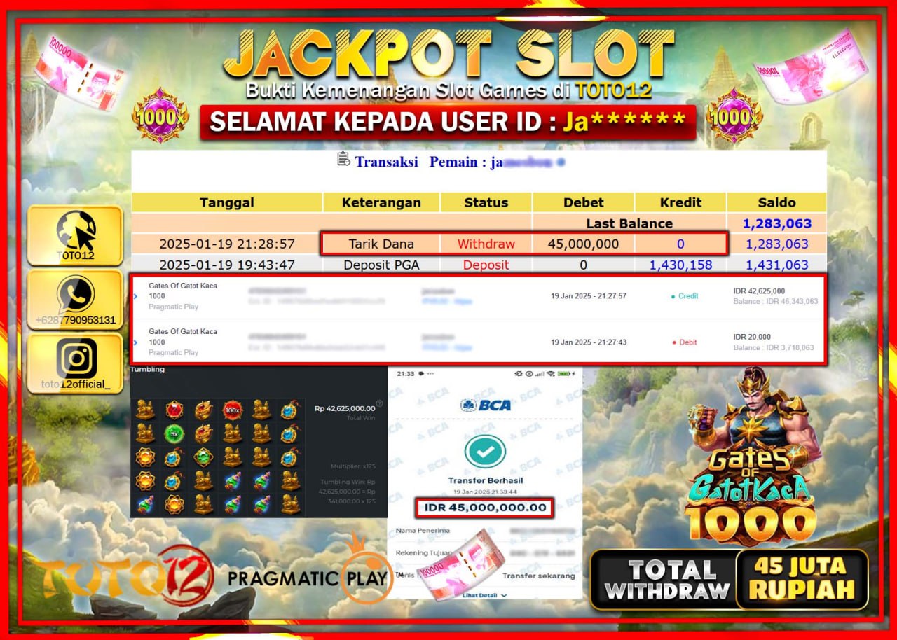 HANYA DI TOTO12 JP PASTI DI BAYAR LUNAS DAN CEPAT!!!!!! JACKPOT SLOT GAME (GATES OF GATOT KACA 1000) Rp.45.000.000 !!!!