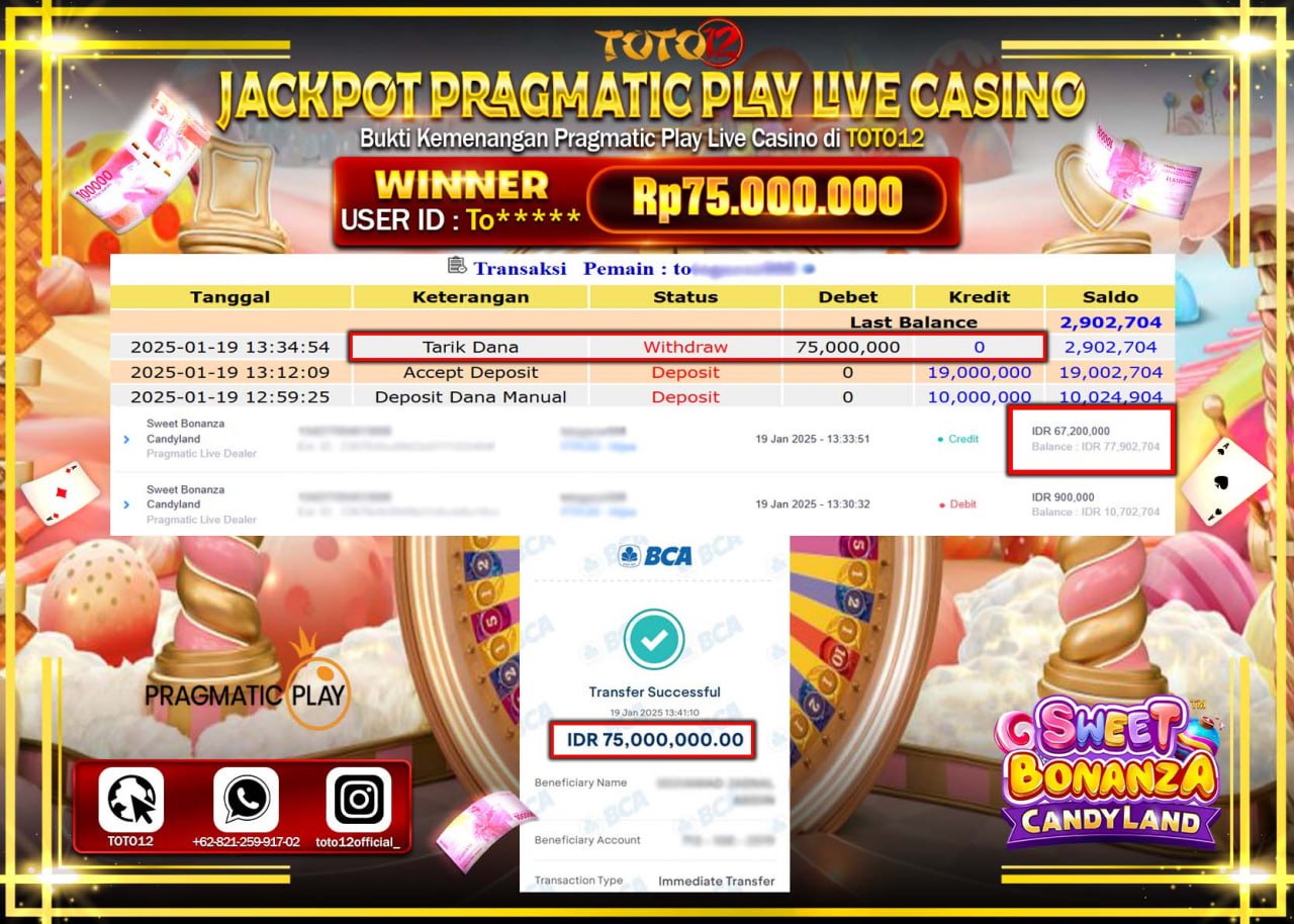HANYA DI TOTO12 JP PASTI DI BAYAR LUNAS DAN CEPAT!!!!!! JACKPOT PRAGMATIC PLAY LIVE CASINO (SWEET BONANZA CANDY LAND) Rp.75.000.000 !!!!