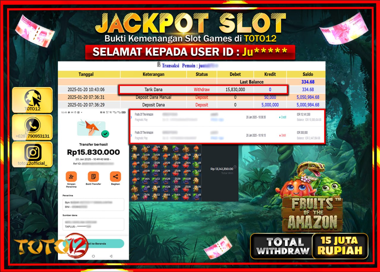 HANYA DI TOTO12 JP PASTI DI BAYAR LUNAS DAN CEPAT!!!!!! JACKPOT SLOT GAME (FRUITS OF THE AMAZON) Rp.15.000.000 !!!!