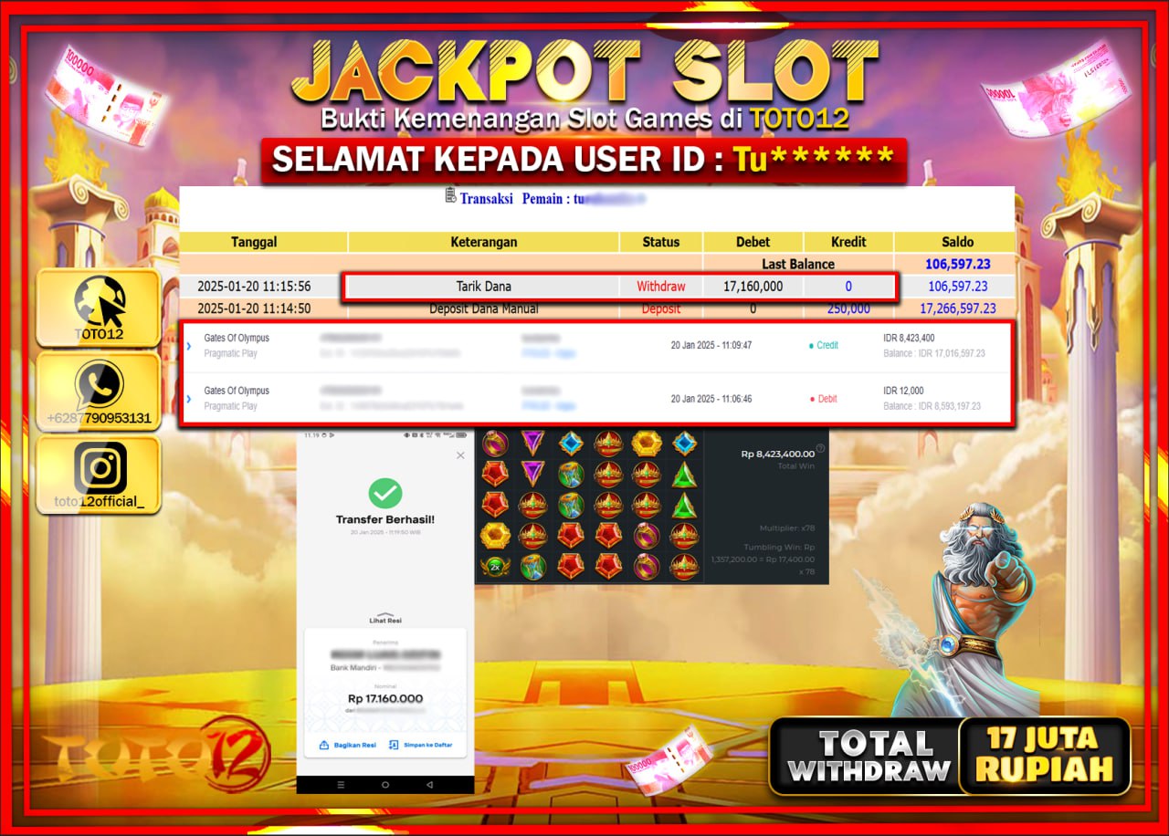 HANYA DI TOTO12 JP PASTI DI BAYAR LUNAS DAN CEPAT!!!!!! JACKPOT SLOT GAME (GATES OF OLYMPUS) Rp.17.000.000 !!!!