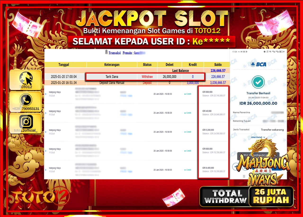 HANYA DI TOTO12 JP PASTI DI BAYAR LUNAS DAN CEPAT!!!!!! JACKPOT SLOT GAME (MAHJONG WAYS) Rp.26.000.000 !!!!