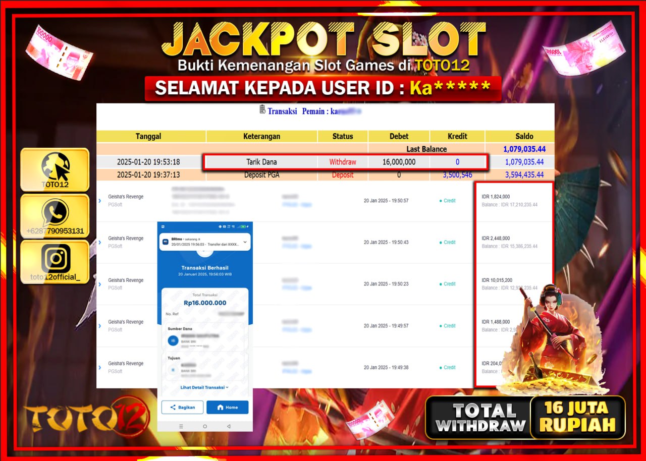 HANYA DI TOTO12 JP PASTI DI BAYAR LUNAS DAN CEPAT!!!!!! JACKPOT SLOT GAME (GEISHAS REVENGE) Rp.16.000.000 !!!!