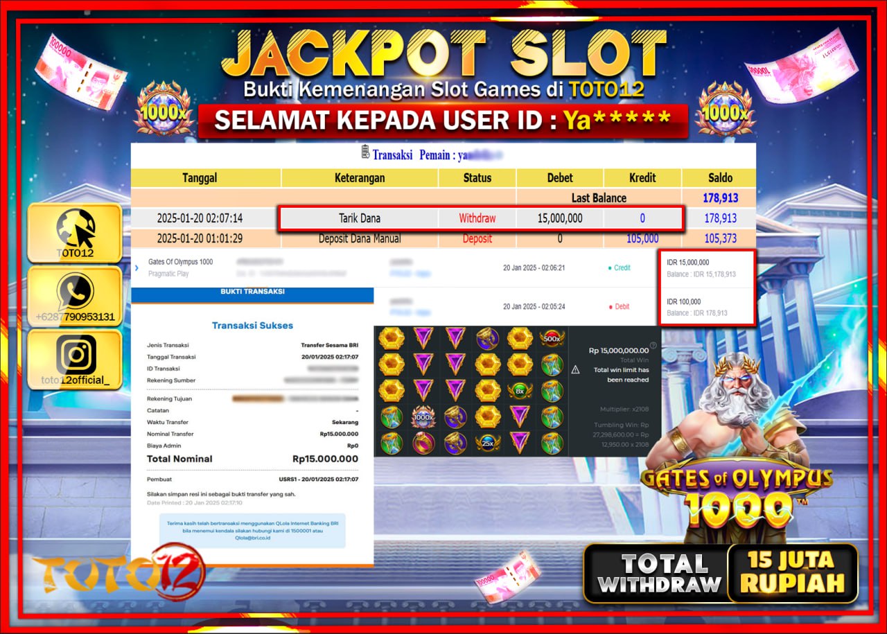 HANYA DI TOTO12 JP PASTI DI BAYAR LUNAS DAN CEPAT!!!!!! JACKPOT SLOT GAME (GATES OF OLYMPUS 1000) Rp.15.000.000 !!!!