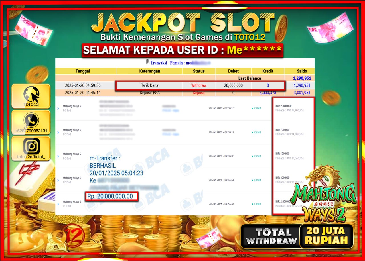 HANYA DI TOTO12 JP PASTI DI BAYAR LUNAS DAN CEPAT!!!!!! JACKPOT SLOT GAME (MAHJONG WAYS 2) Rp.20.000.000 !!!!
