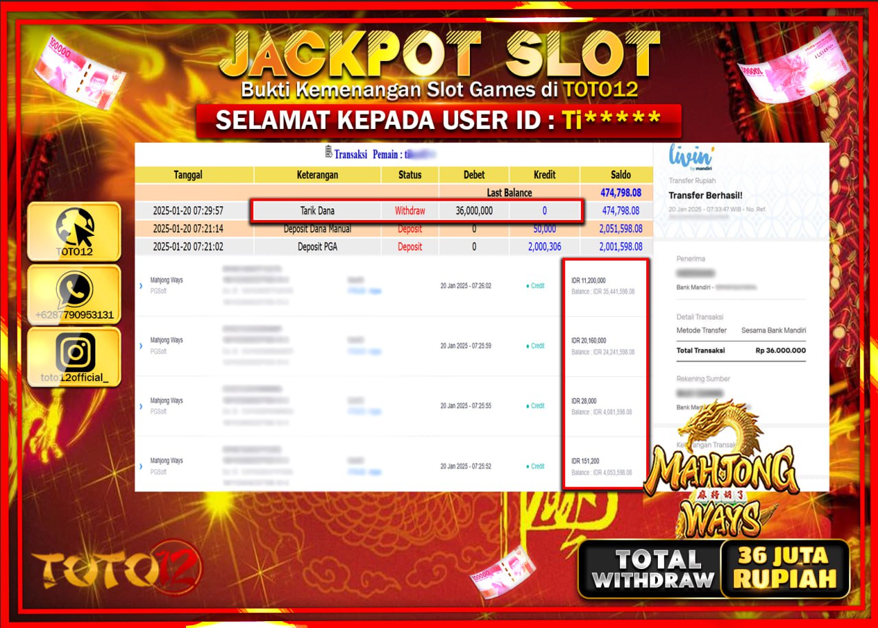HANYA DI TOTO12 JP PASTI DI BAYAR LUNAS DAN CEPAT!!!!!! JACKPOT SLOT GAME (MAHJONG WAYS) Rp.36.000.000 !!!!