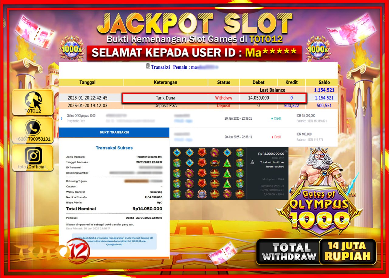HANYA DI TOTO12 JP PASTI DI BAYAR LUNAS DAN CEPAT!!!!!! JACKPOT SLOT GAME (GATES OF OLYMPUS 1000) Rp.14.000.000 !!!!
