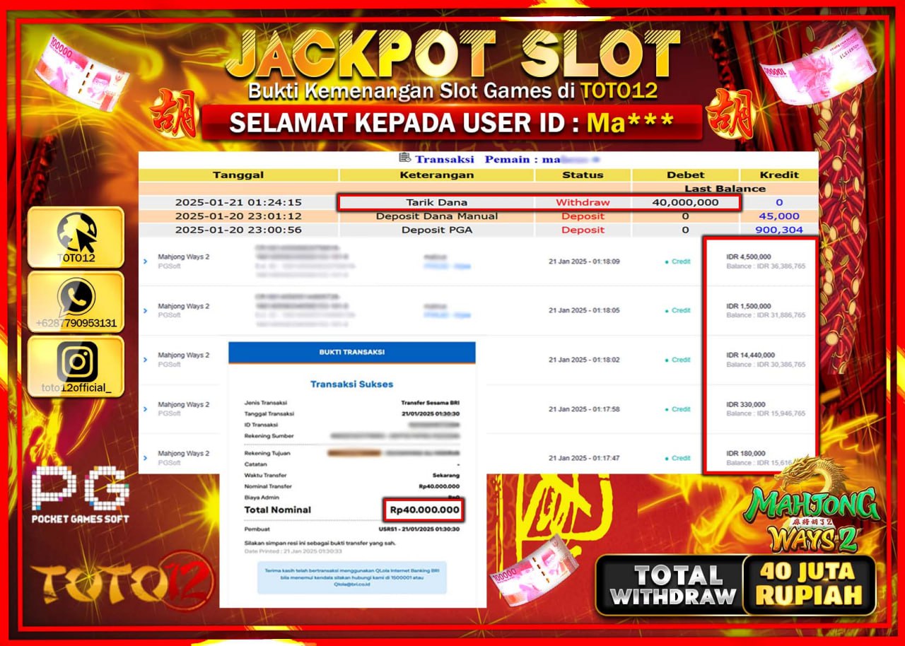 HANYA DI TOTO12 JP PASTI DI BAYAR LUNAS DAN CEPAT!!!!!! JACKPOT SLOT GAME (MAHJONG WAYS 2) Rp.40.000.000 !!!!