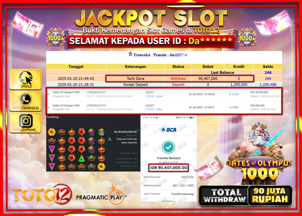 HANYA DI TOTO12 JP PASTI DI BAYAR LUNAS DAN CEPAT!!!!!! JACKPOT SLOT GAME (GATES OF OLYMPUS 1000) Rp.90.000.000 !!!!