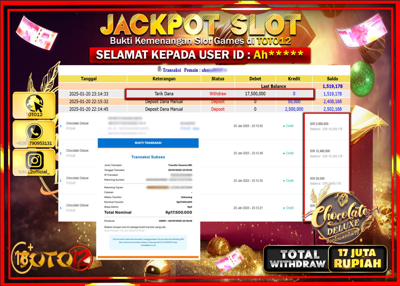 HANYA DI TOTO12 JP PASTI DI BAYAR LUNAS DAN CEPAT!!!!!! JACKPOT SLOT GAME (CHOCOLATE DELUXE) Rp.17.000.000 !!!!