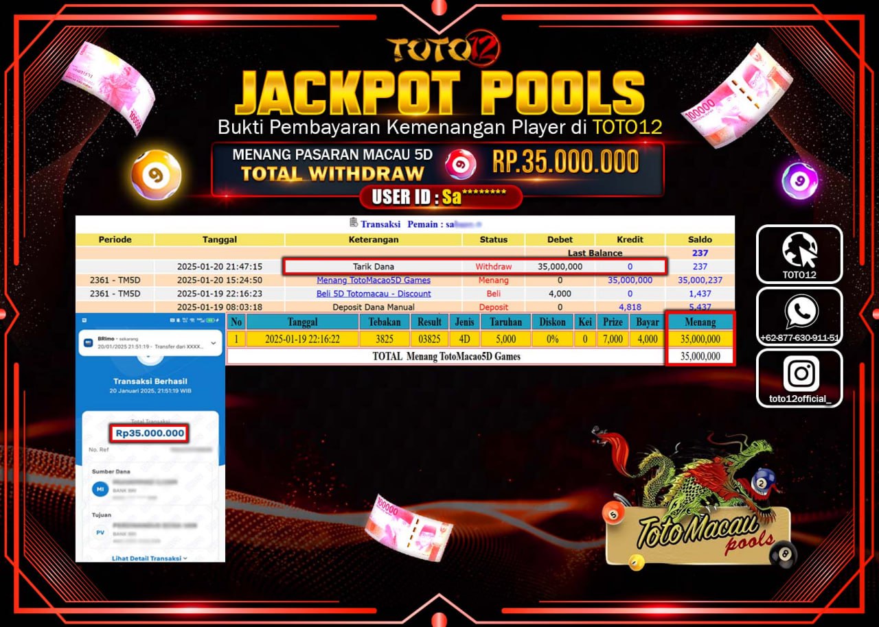HANYA DI TOTO12 JP PASTI DI BAYAR LUNAS DAN CEPAT!!!!!! JACKPOT POOLS PASARAN (TOTO MACAU) Rp.35.000.000 !!!!