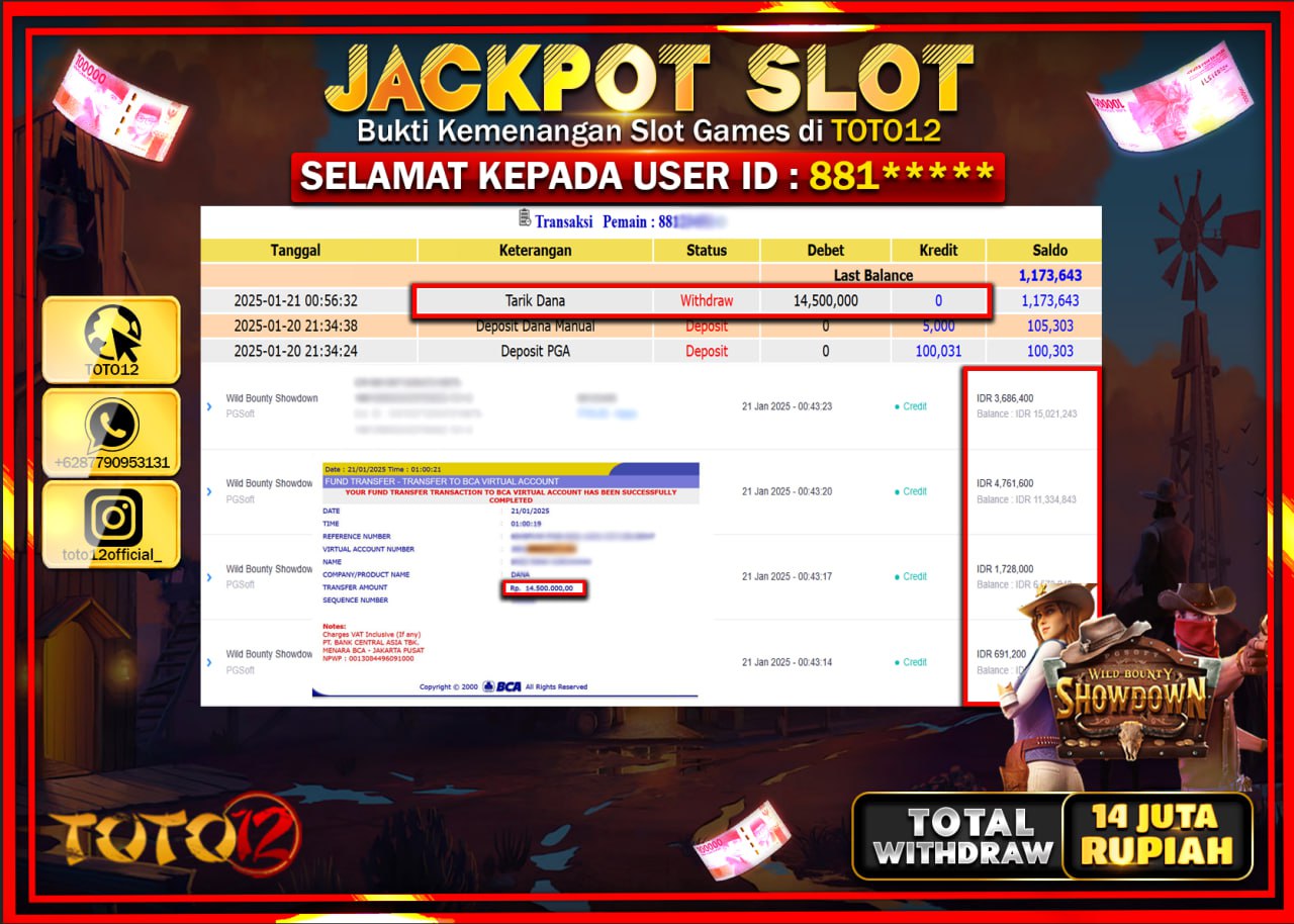HANYA DI TOTO12 JP PASTI DI BAYAR LUNAS DAN CEPAT!!!!!! JACKPOT SLOT GAME (WILD BOUNTY SHOWDWN) Rp.14.000.000 !!!!