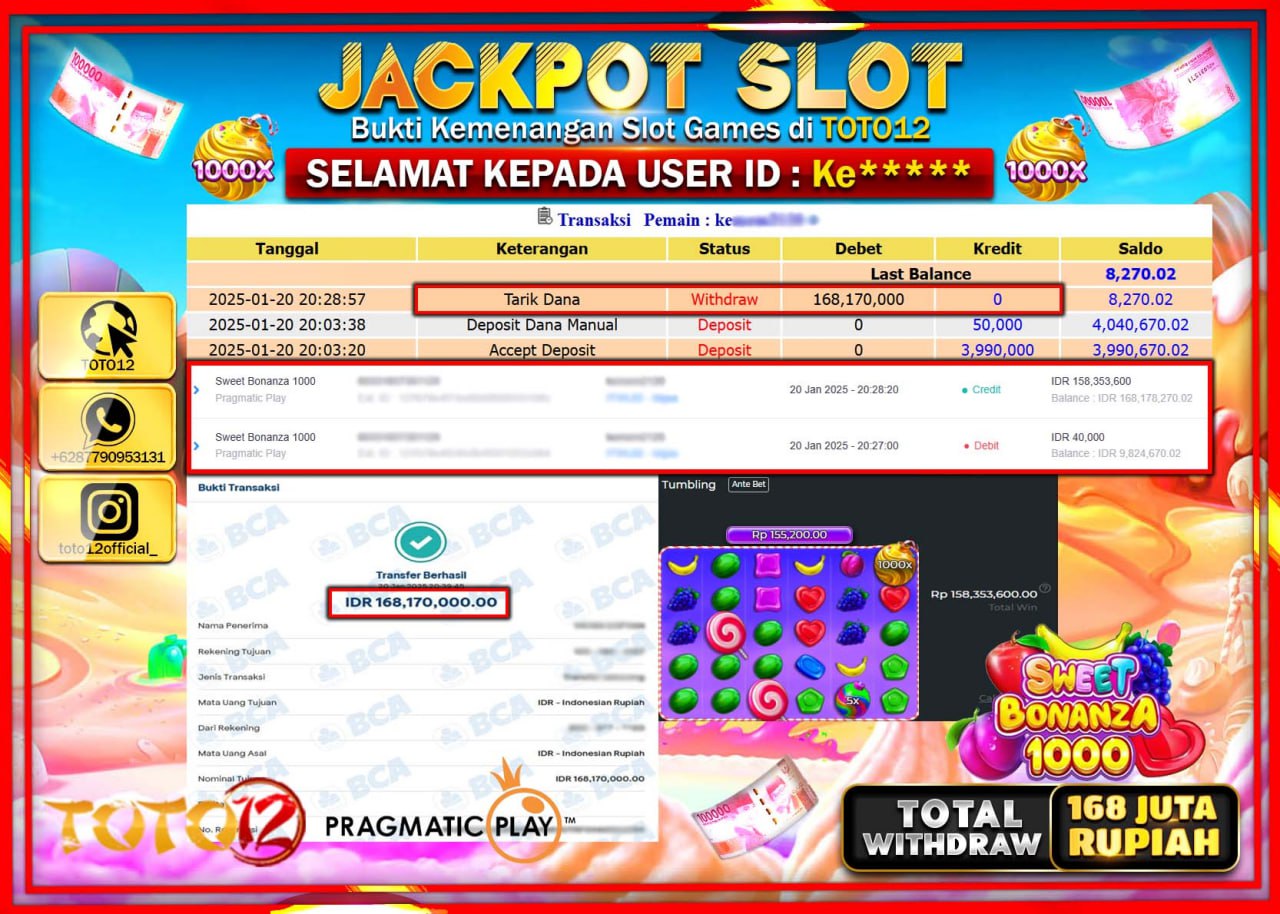 HANYA DI TOTO12 JP PASTI DI BAYAR LUNAS DAN CEPAT!!!!!! JACKPOT SLOT GAME (SWEET BONANZA 1000) Rp.168.000.000 !!!!