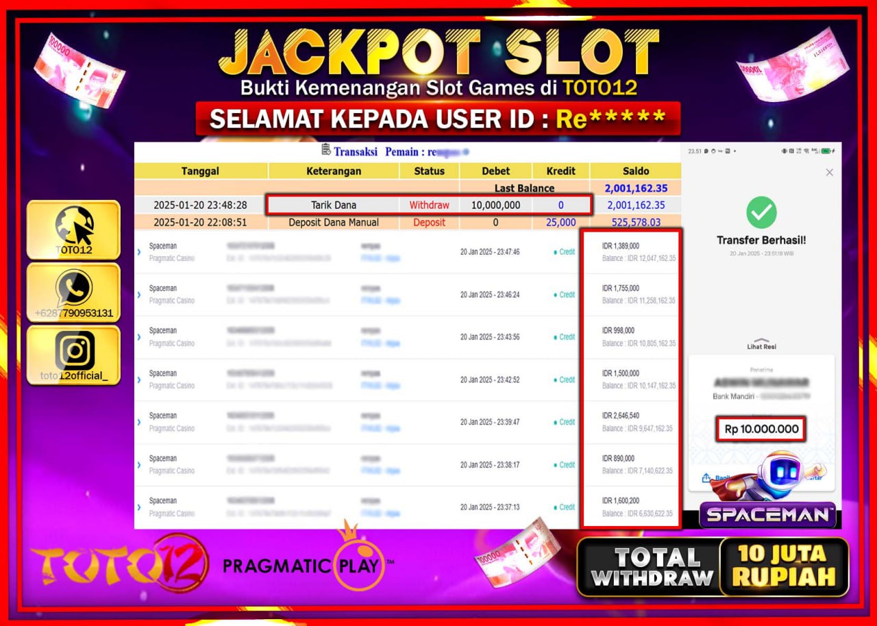 HANYA DI TOTO12 JP PASTI DI BAYAR LUNAS DAN CEPAT!!!!!! JACKPOT SLOT GAME (SPACEMAN) Rp.10.000.000 !!!!